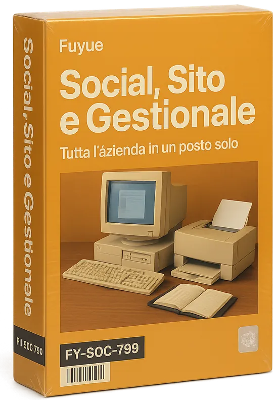 Confezione del prodotto Social, Sito e Gestionale di Fuyue, scatola in stile software anni Novanta, codice FY-SOC-799